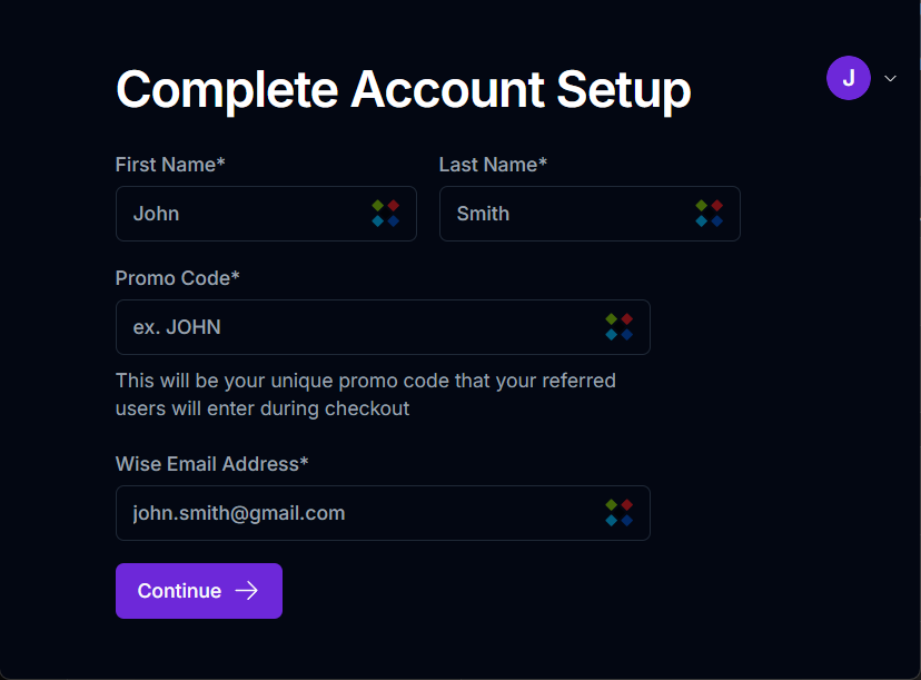 The Complete Account Setup page requesting name, promo code, and Wise email address
