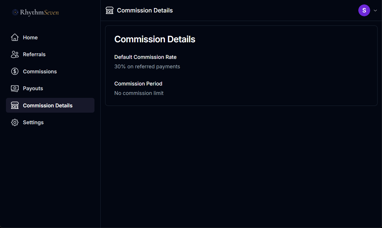 The Commission Details page showing a 30% commission rate with no commission limit