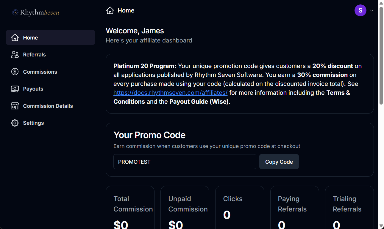 The affiliate dashboard home page showing the promotion code and performance tiles