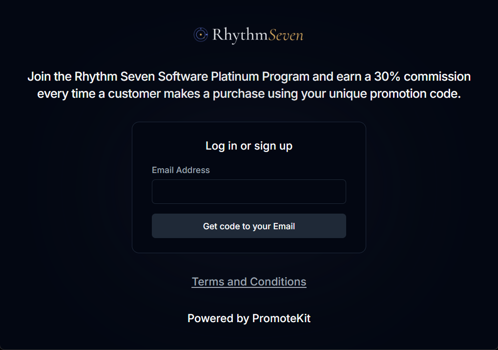 The Rhythm Seven Affiliate Portal login and sign-up page
