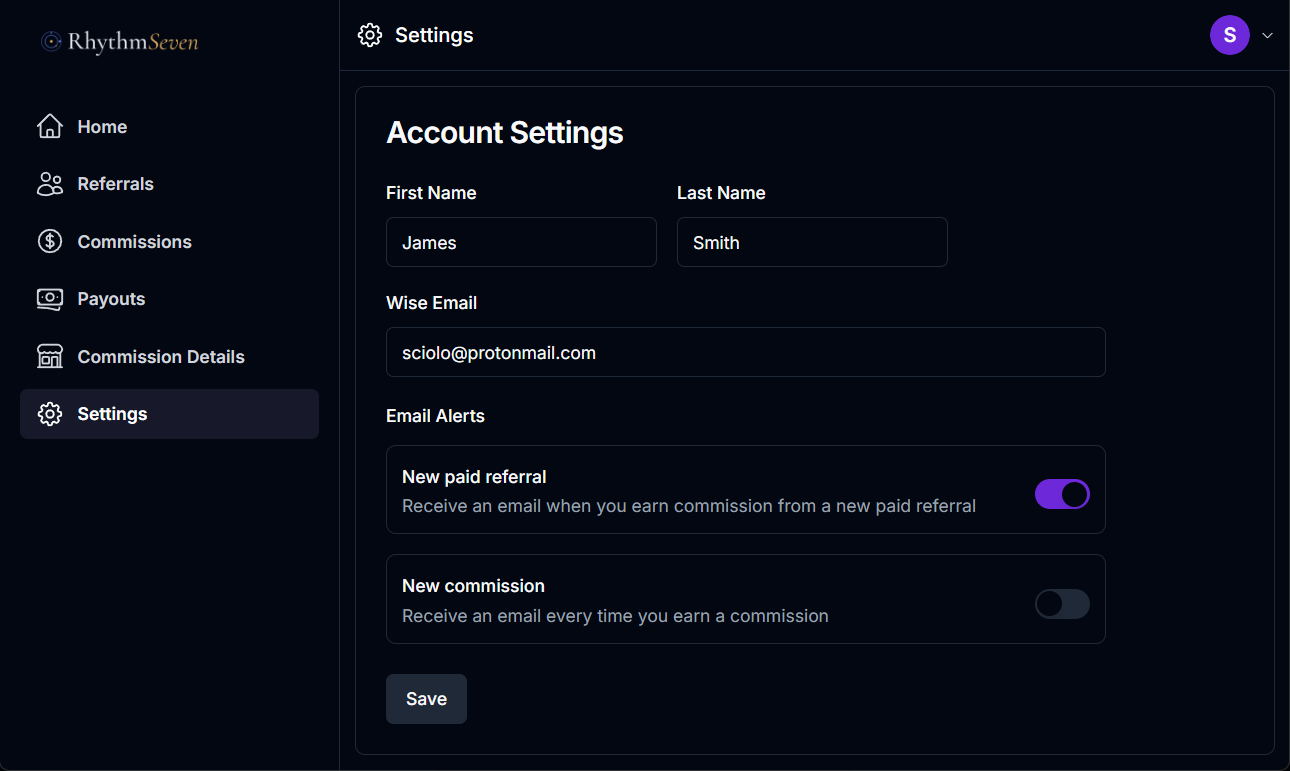 The Account Settings page with the Wise Email field