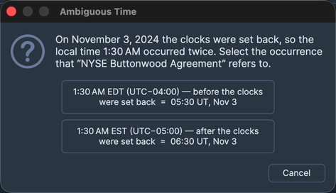 The Ambiguous Time prompt, raised by saving the Natal Records Editor with a record whose natal time falls inside a daylight-saving fall-back hour.