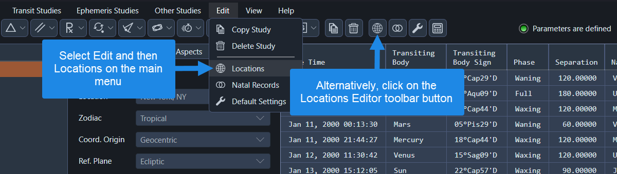 Opening the Aquila locations editor