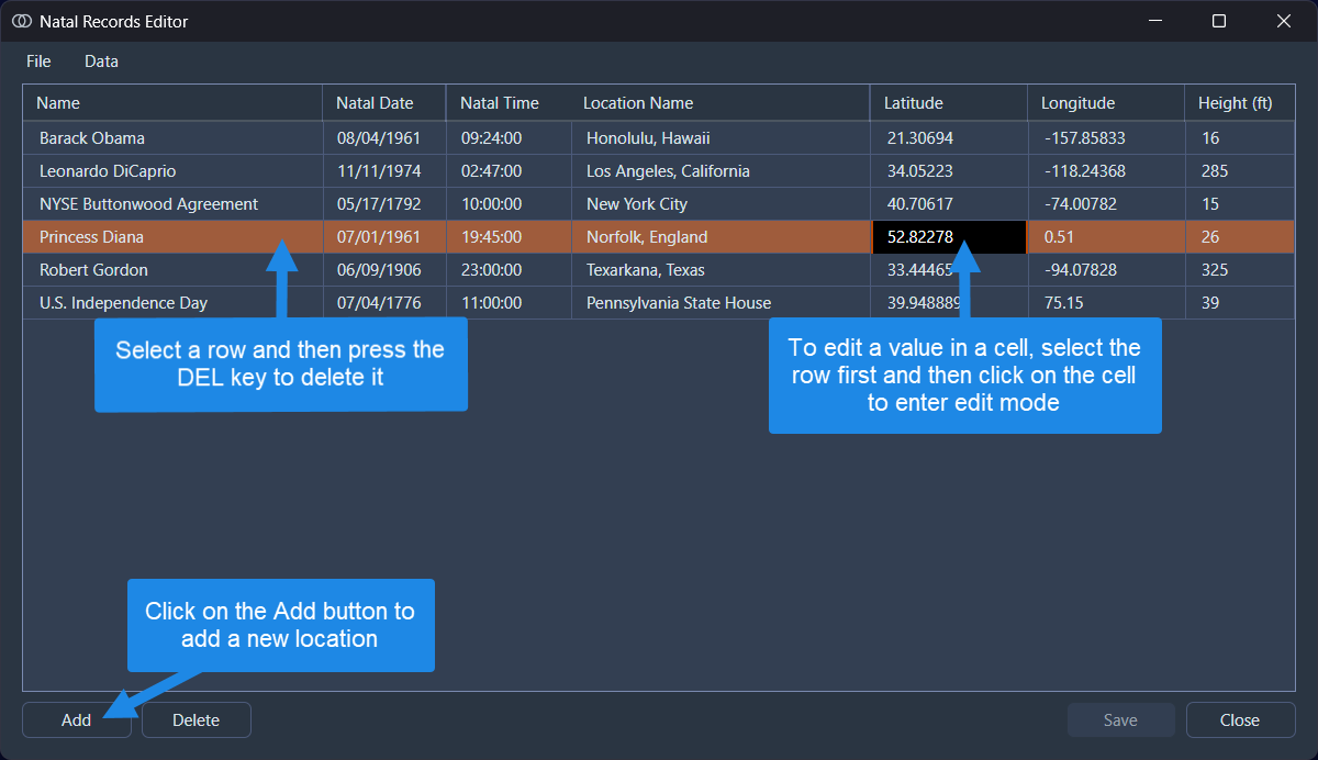 Adding and editing natal records