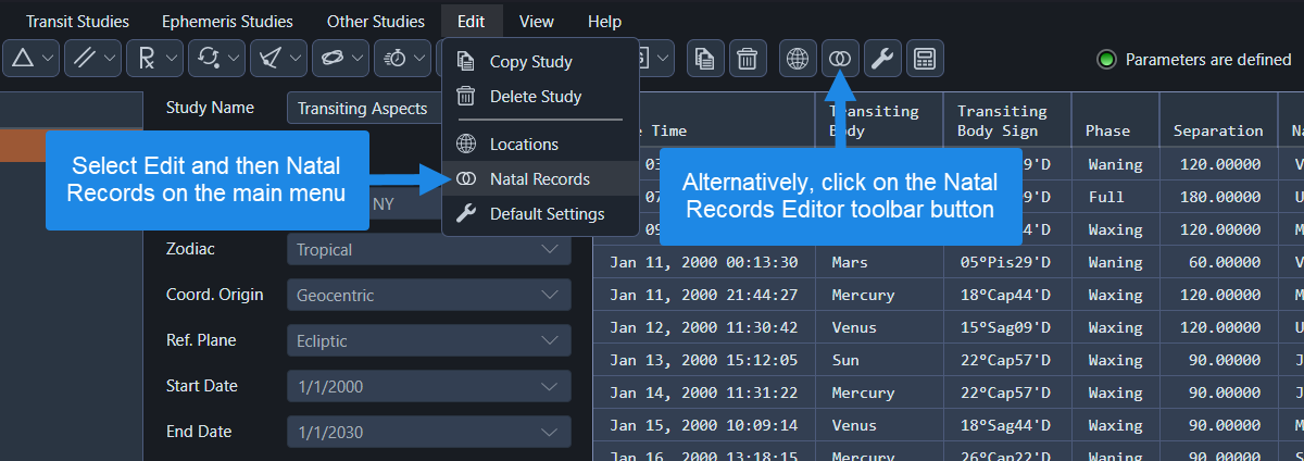 Opening the Aquila natal records editor
