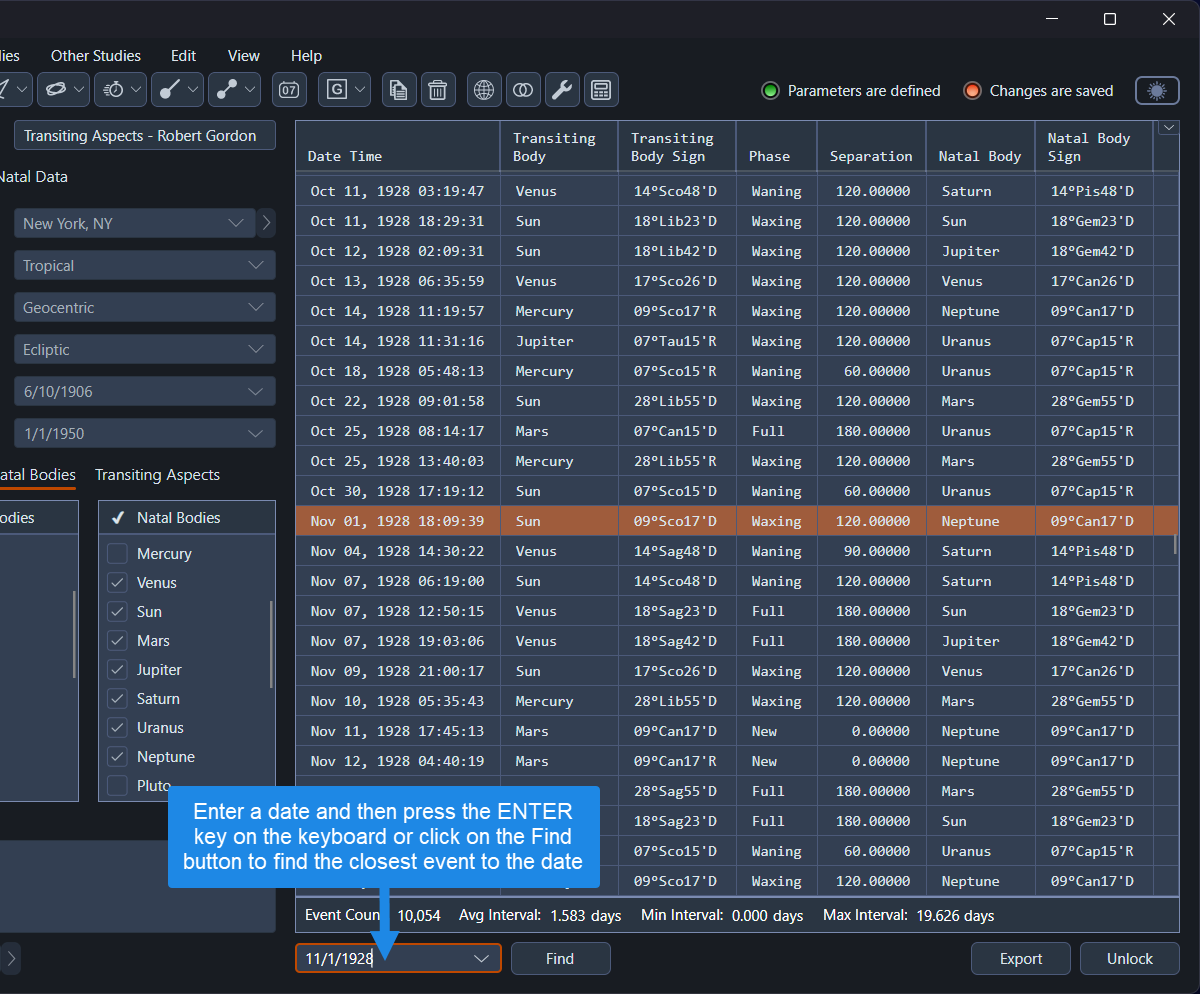 Events data grid listing the transiting aspects
