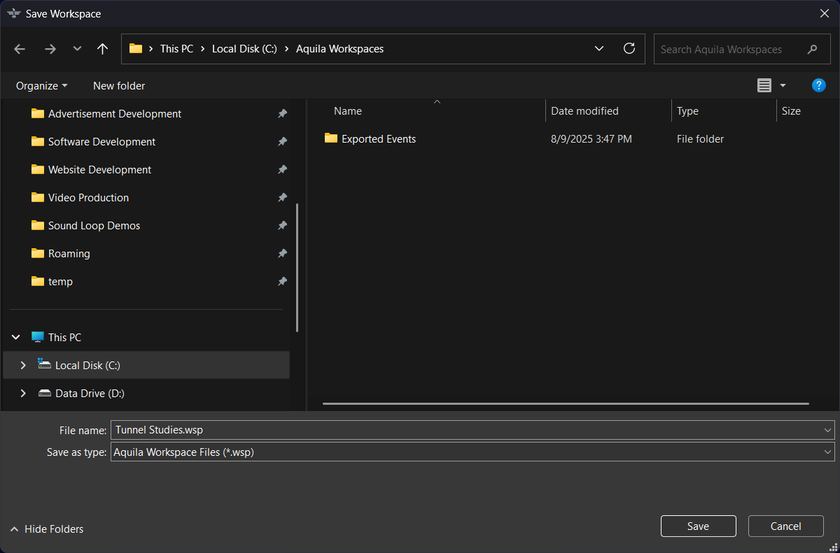Selecting the folder location and name for the workspace