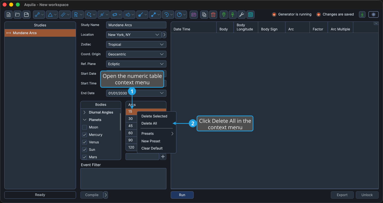 An unlocked Mundane Arcs study with the numeric table context menu open from a right-click in the Arcs table below its column header.