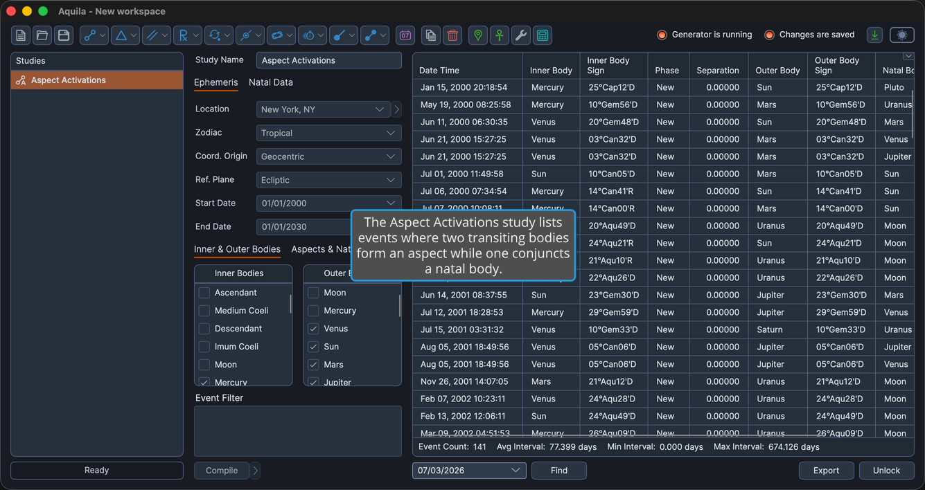 An Aspect Activations study with events generated and the events table populated.