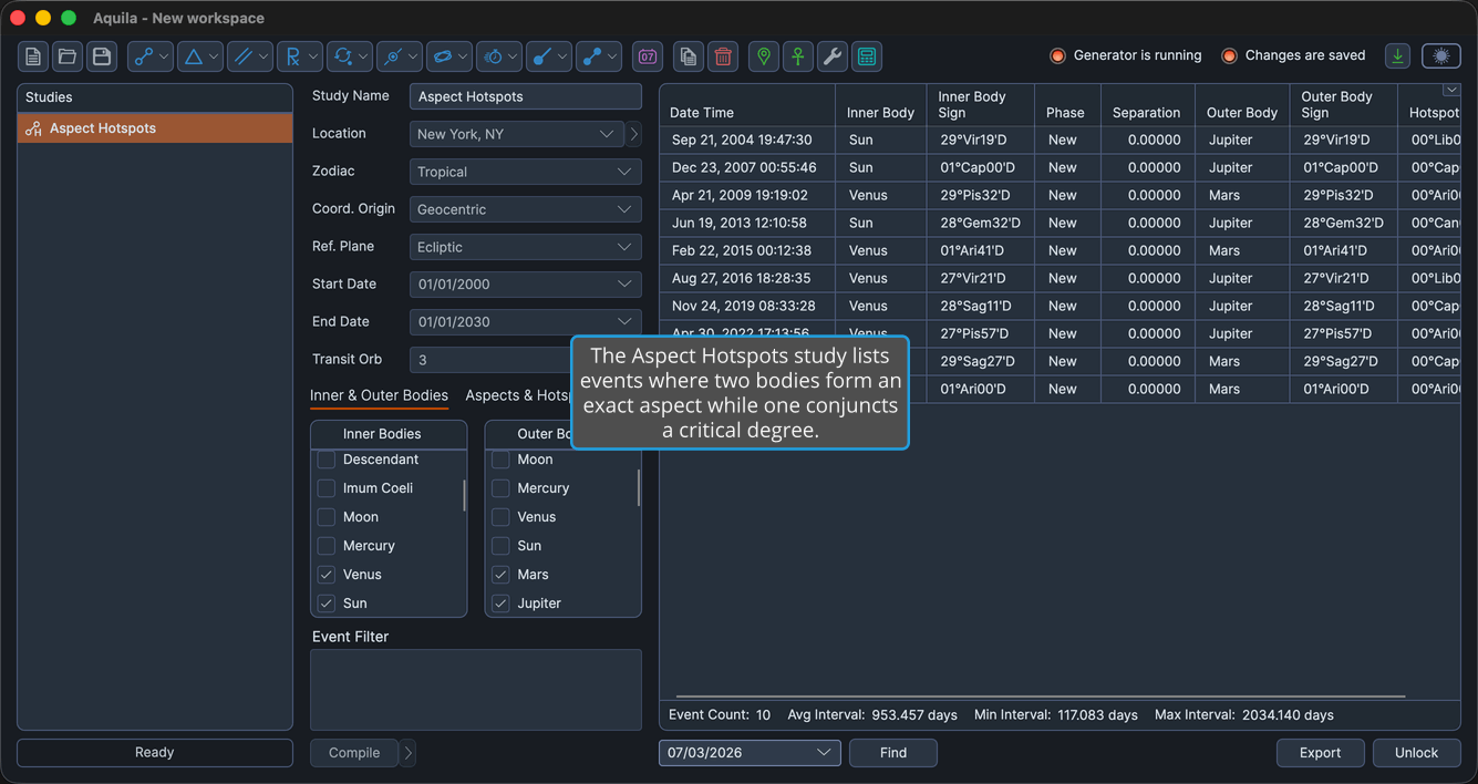 An Aspect Hotspots study with events generated and the events table populated.