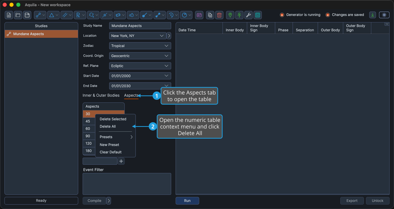 An unlocked Mundane Aspects study with the Aspects tab active and the numeric table context menu open from a right-click below the column header.
