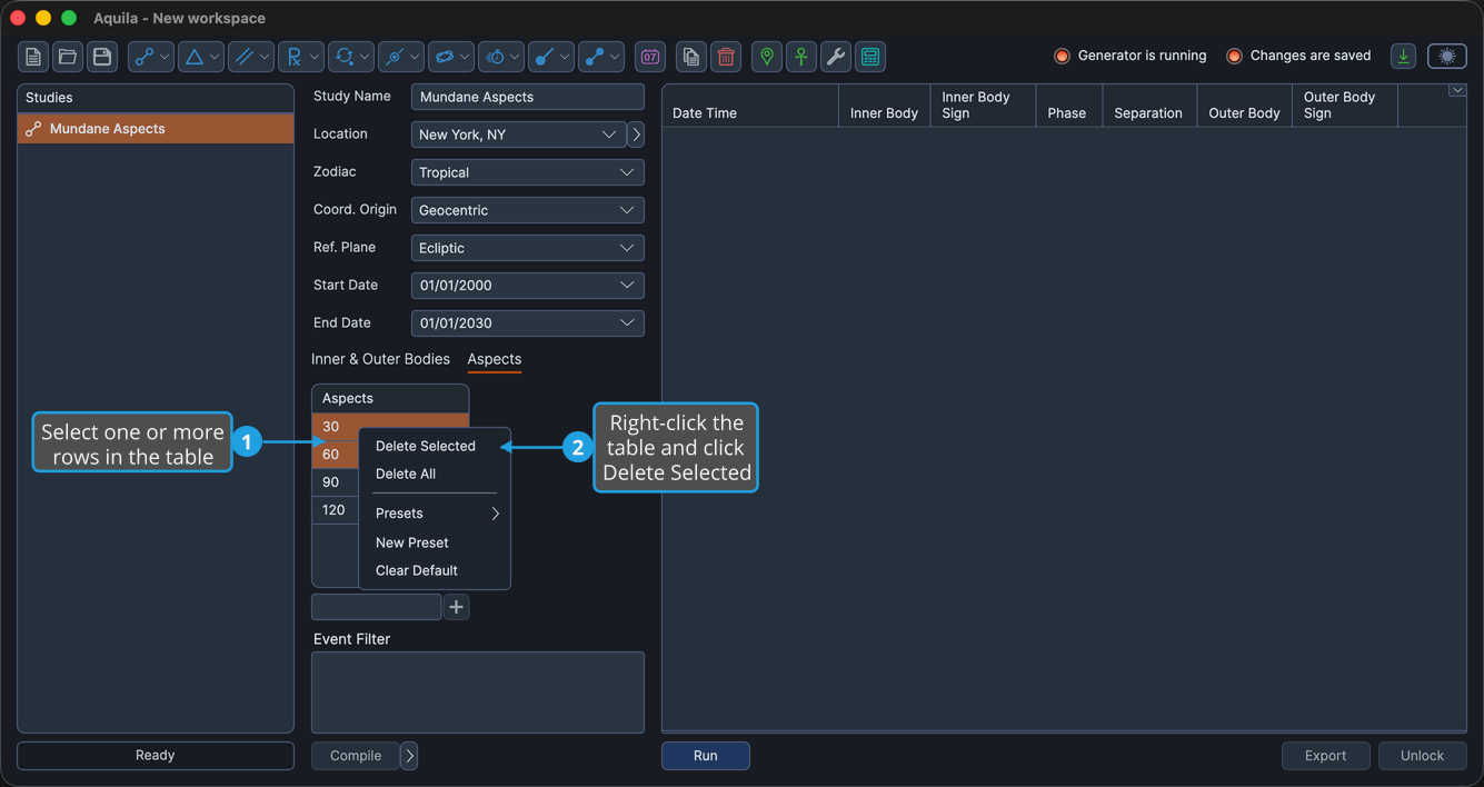 A study's Aspects table with rows selected and the right-click context menu open.