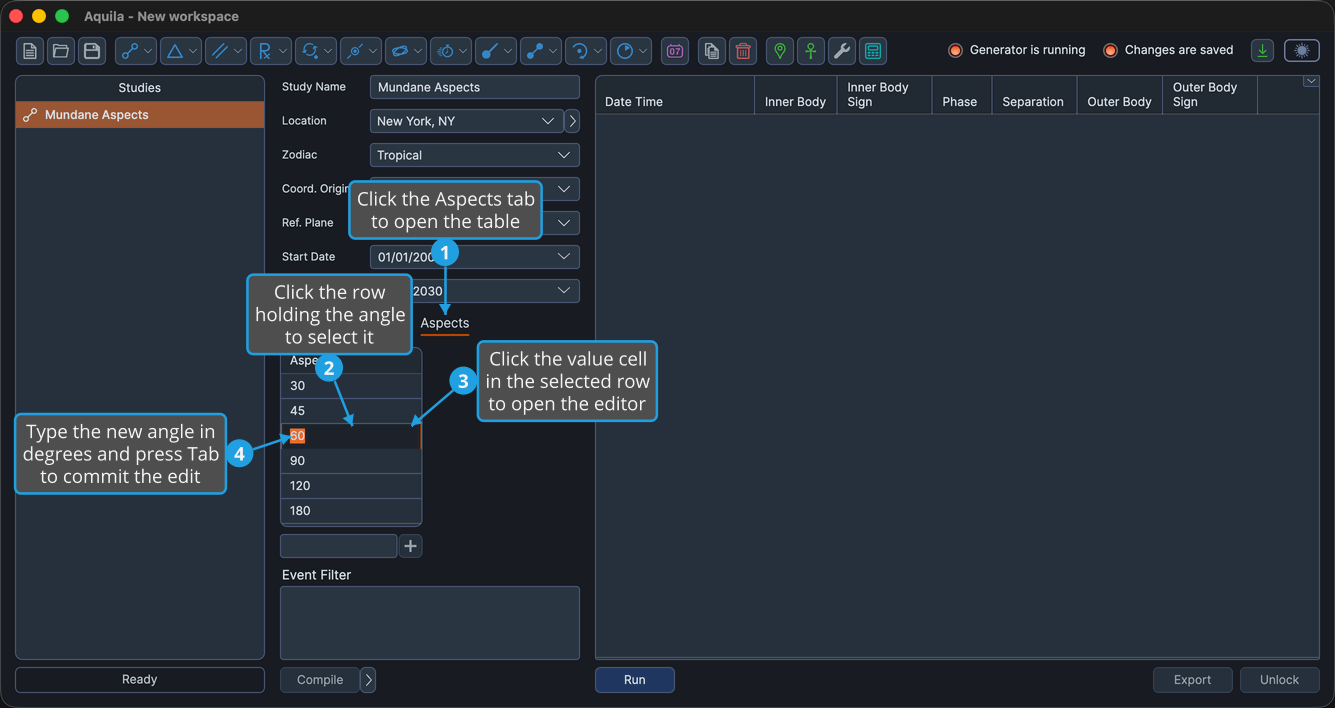 An unlocked Mundane Aspects study with the Aspects tab active, a row selected and its value cell open for editing with the caret and focus border visible.