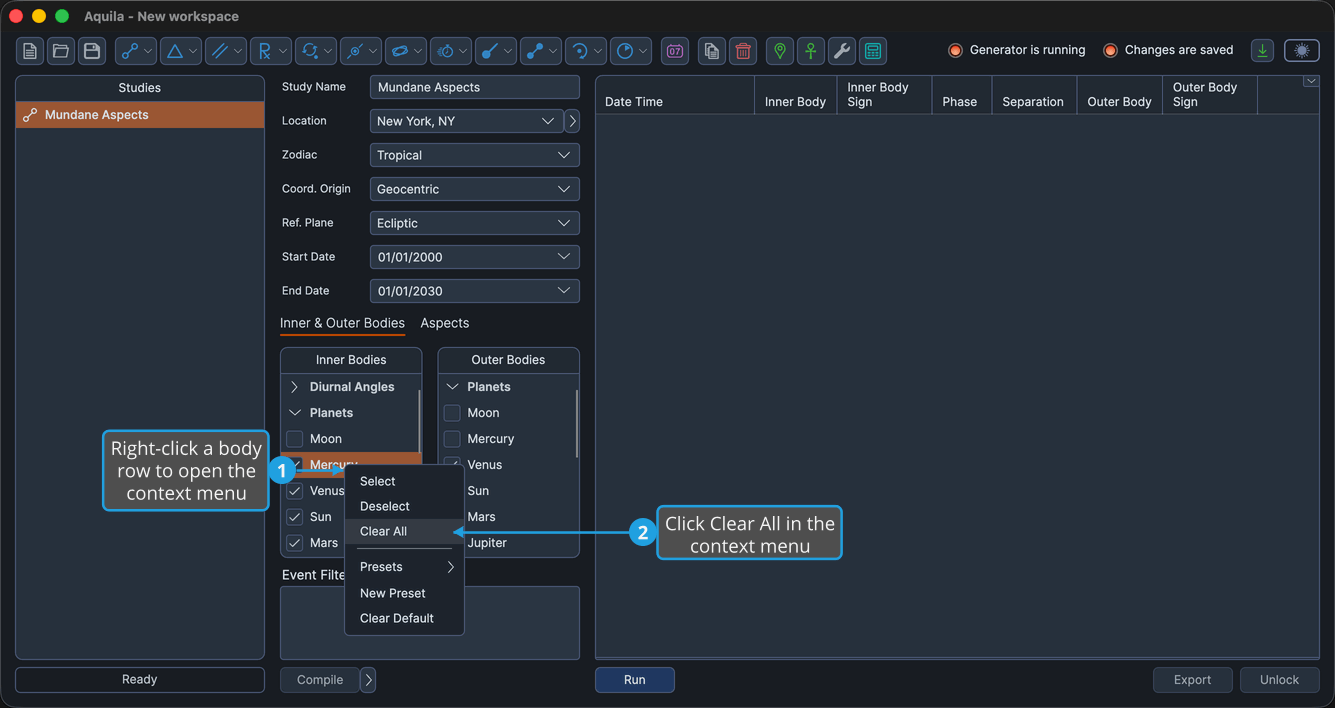 An unlocked study with the Planets group expanded, several bodies checked and the context menu open from a right-click on a body row near the top of the list.