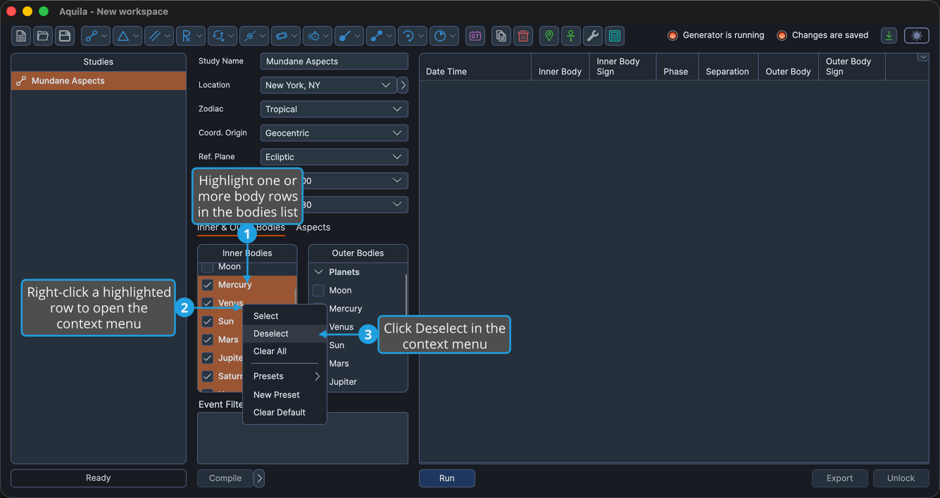 An unlocked study with the Planets group expanded, a checked Mercury through Neptune range highlighted and the context menu open from a right-click on the Venus row.