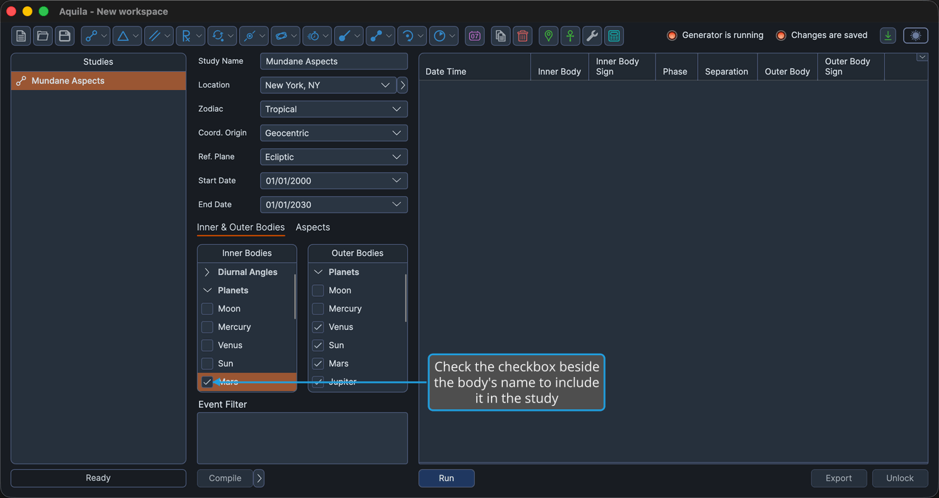 An unlocked study with the Planets group expanded and one body's checkbox freshly checked.