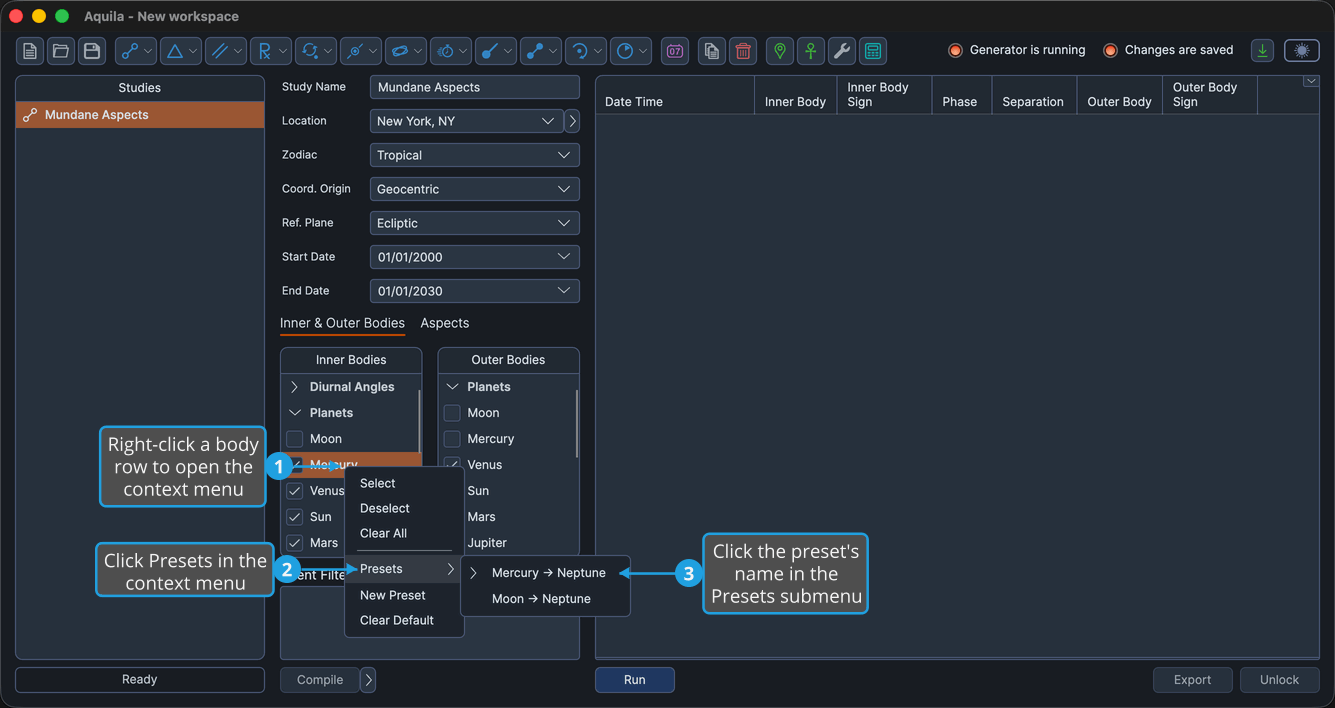 An unlocked two-body study with the Planets group expanded, the second body row from the top of an Inner Bodies list right-clicked so the bodies list context menu is open and the Presets submenu cascaded out listing the saved presets.