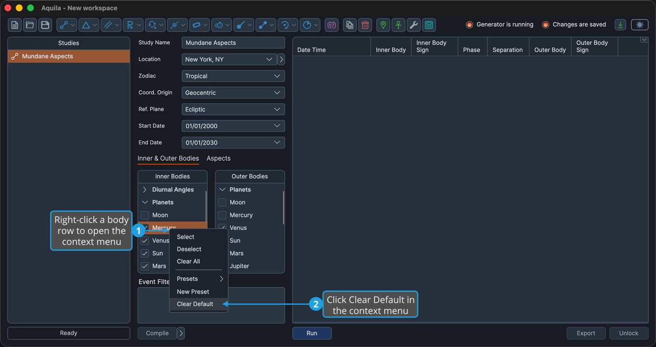 An unlocked two-body study with the Planets group expanded, the second body row from the top of an Inner Bodies list right-clicked so the bodies list context menu is open, showing Presets, New Preset and Clear Default, with Clear Default highlighted.