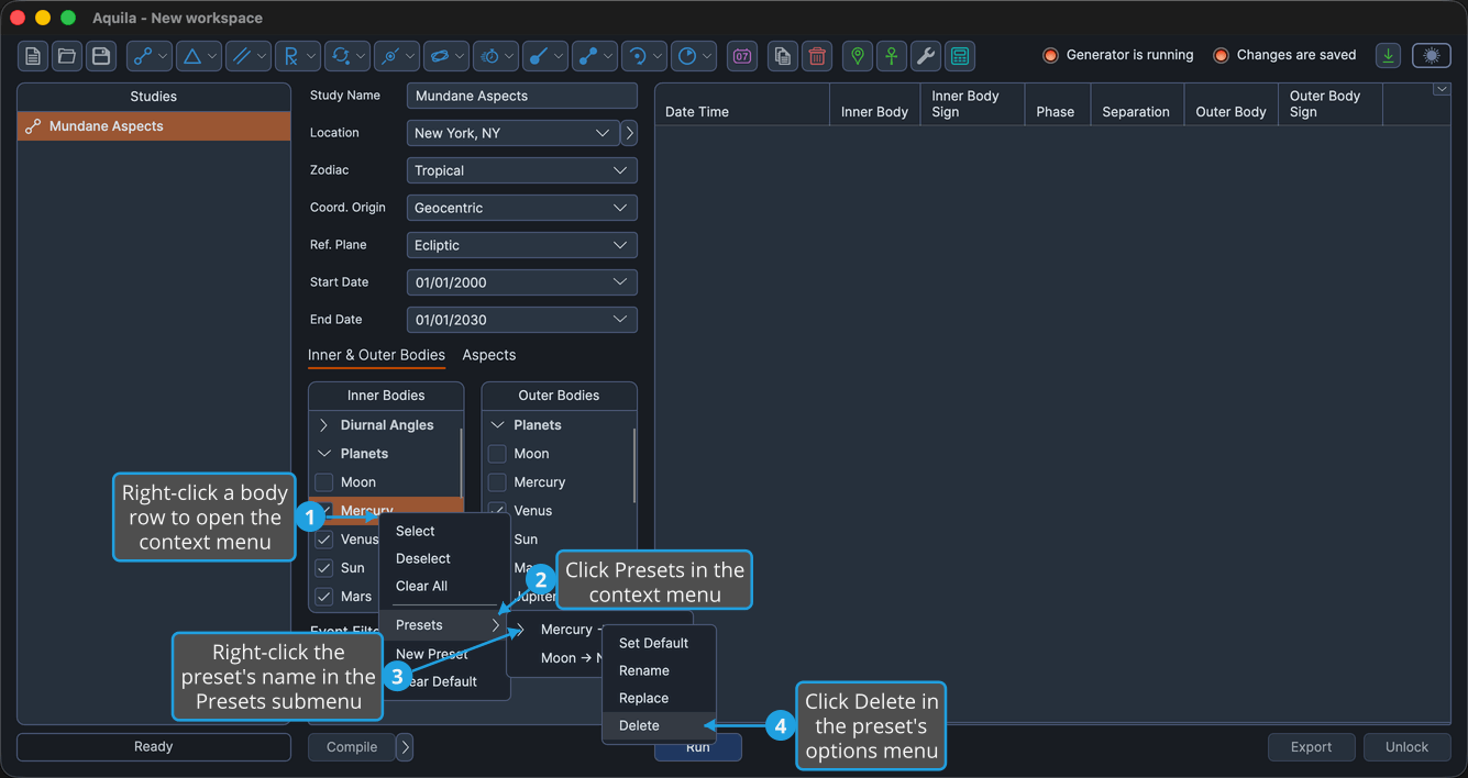 An unlocked two-body study with the Planets group expanded, a body row right-clicked so the bodies list context menu is open, the Presets submenu cascaded out and a saved preset's name right-clicked inside it, with Delete highlighted.