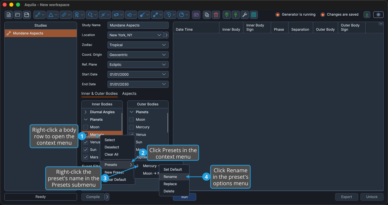 An unlocked two-body study with the Planets group expanded, a body row right-clicked so the bodies list context menu is open, the Presets submenu cascaded out and a saved preset's name right-clicked inside it, with Rename highlighted.