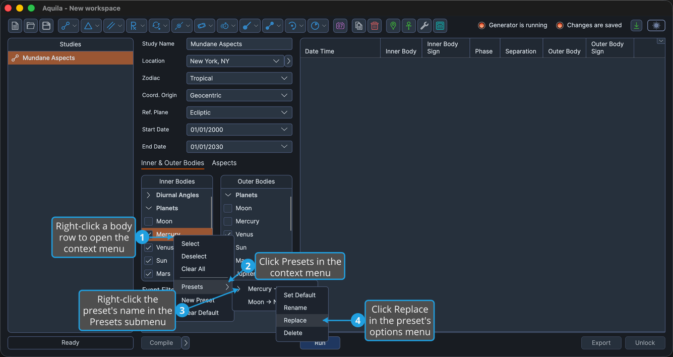 An unlocked two-body study with the Planets group expanded, a body row right-clicked so the bodies list context menu is open, the Presets submenu cascaded out and a saved preset's name right-clicked inside it, with Replace highlighted.