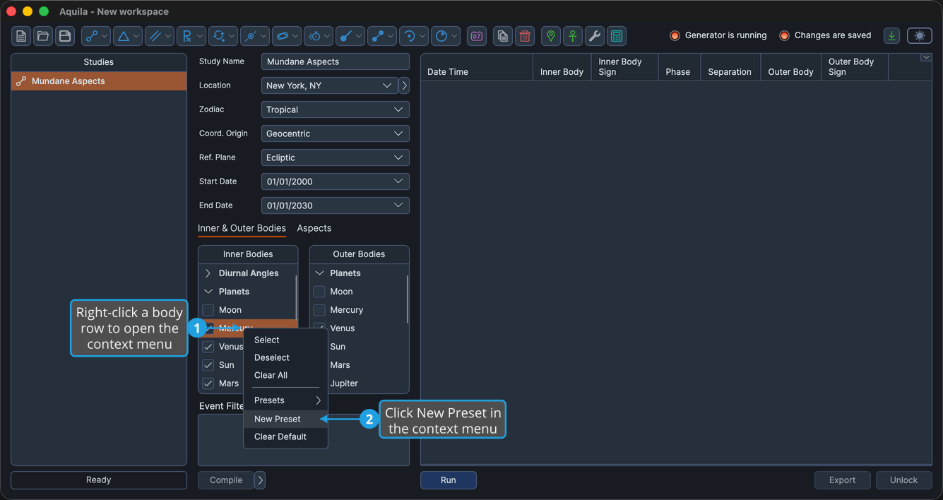 An unlocked two-body study with the Planets group expanded, the second body row from the top of an Inner Bodies list right-clicked so the bodies list context menu is open, showing Presets, New Preset and Clear Default, with New Preset highlighted.