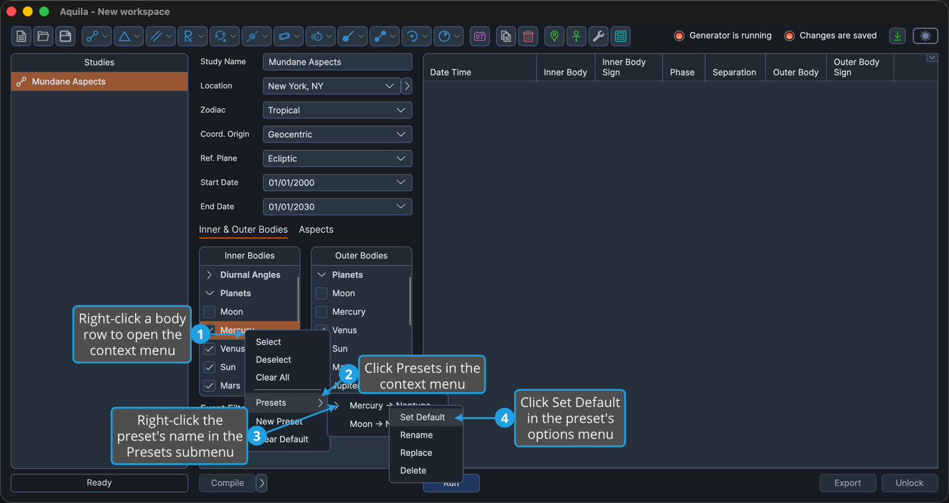 An unlocked two-body study with the Planets group expanded, a body row right-clicked so the bodies list context menu is open, the Presets submenu cascaded out and a saved preset's name right-clicked inside it, with Set Default highlighted.
