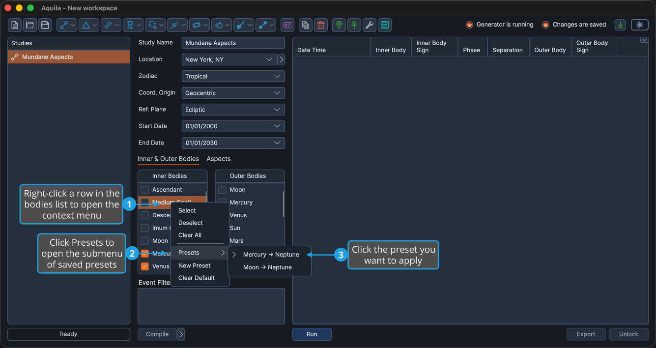 The bodies list preset menu open with the Presets submenu expanded, showing the list of available presets.