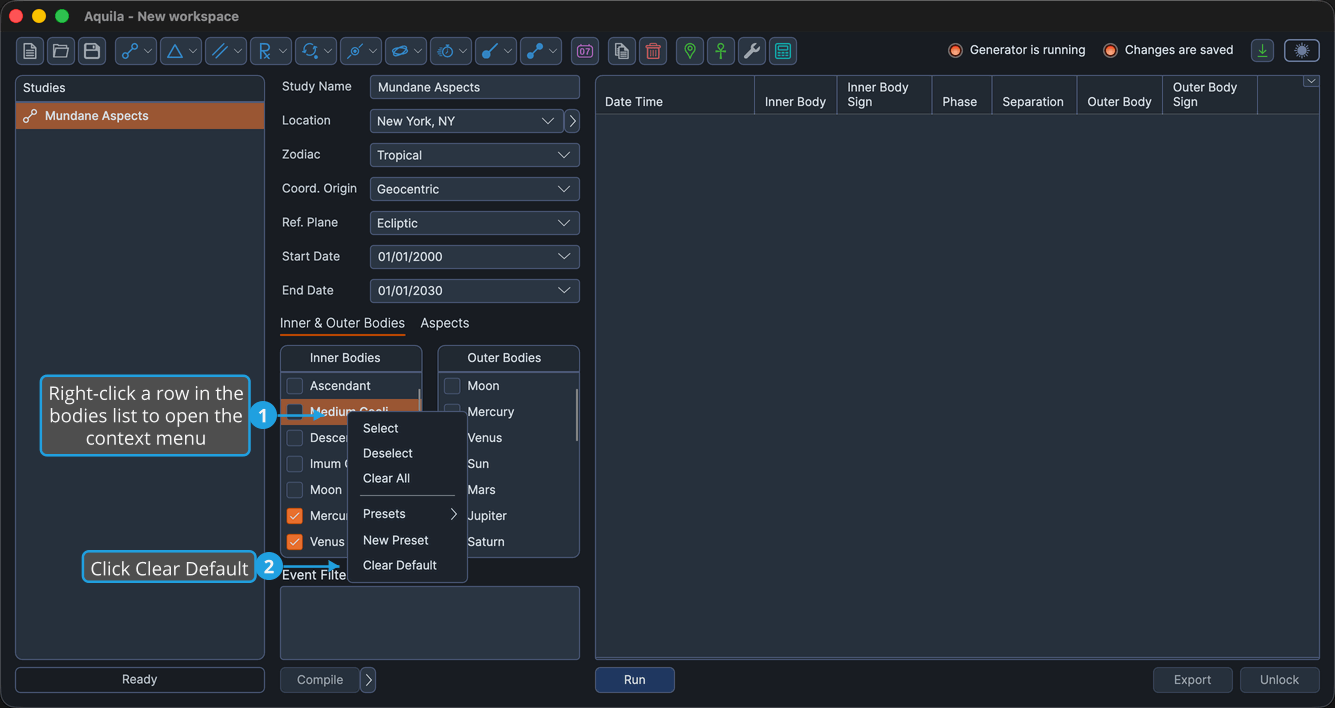 The bodies list preset menu open showing the Clear Default command.