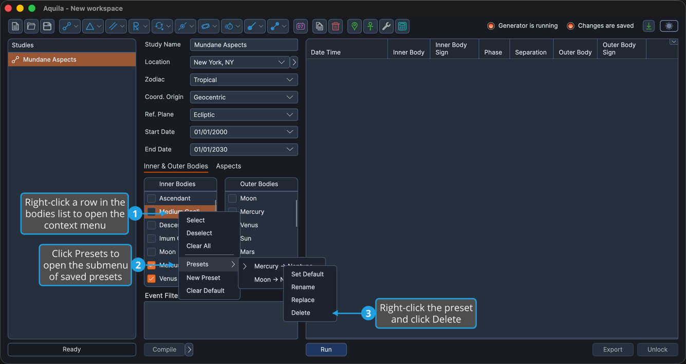 The saved-preset right-click context menu open, showing the Set Default, Rename, Replace, and Delete commands.