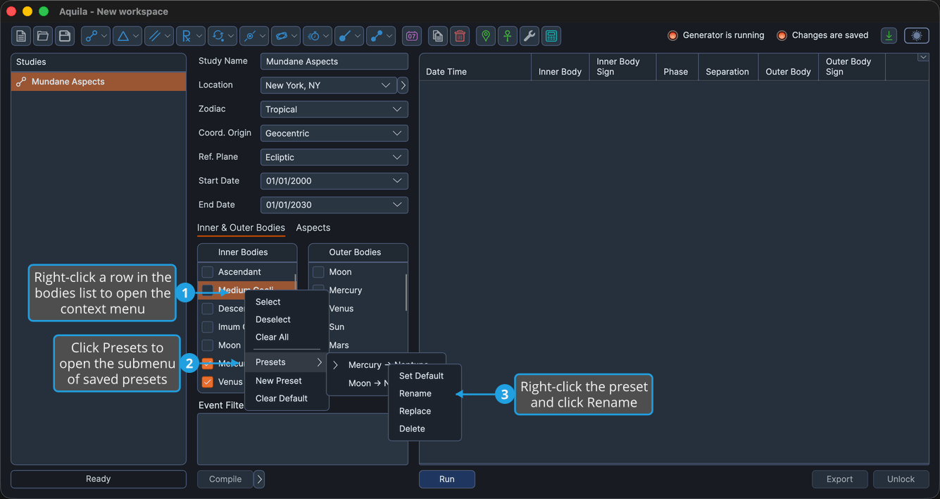 The saved-preset right-click context menu open, showing the Set Default, Rename, Replace, and Delete commands.