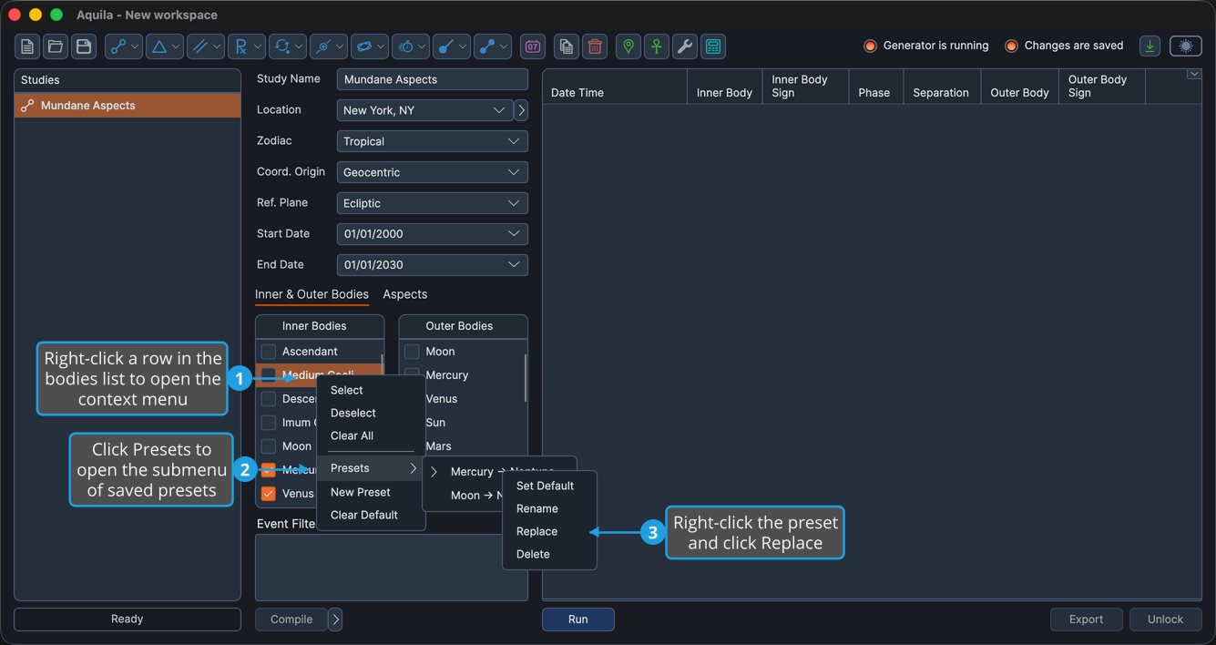 The saved-preset right-click context menu open, showing the Set Default, Rename, Replace, and Delete commands.