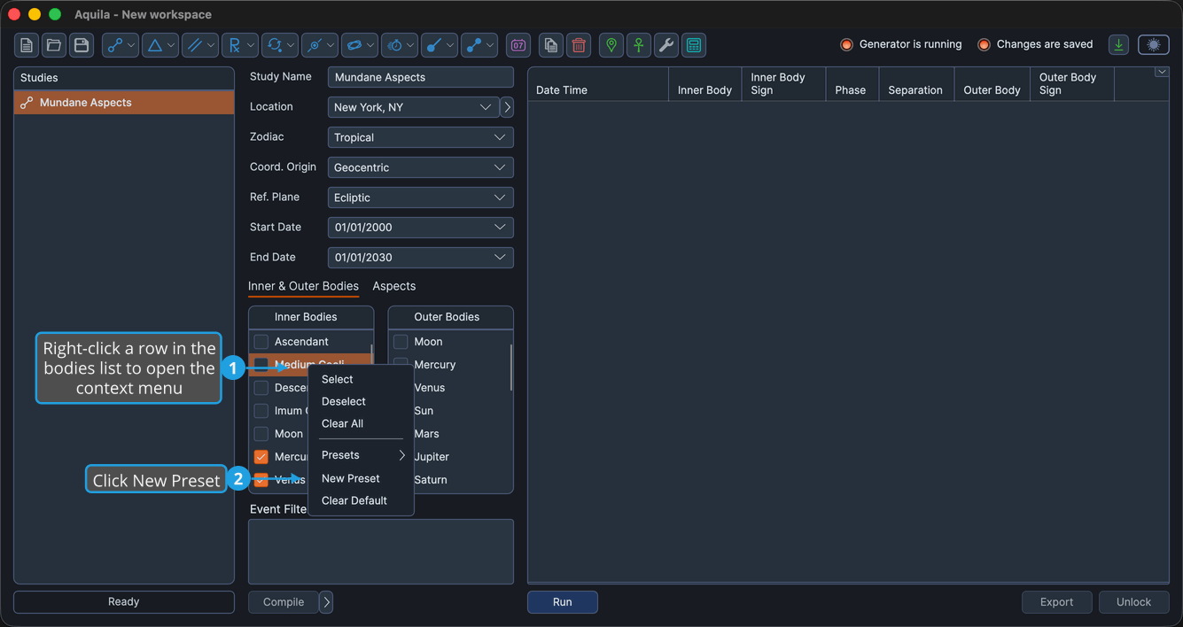 The bodies list preset menu open showing the New Preset command.