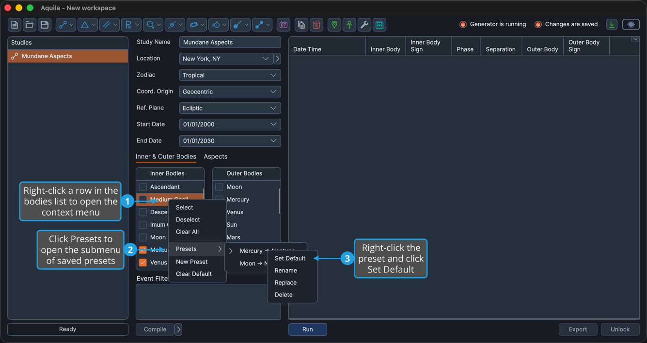 The saved-preset right-click context menu open, showing the Set Default, Rename, Replace, and Delete commands.