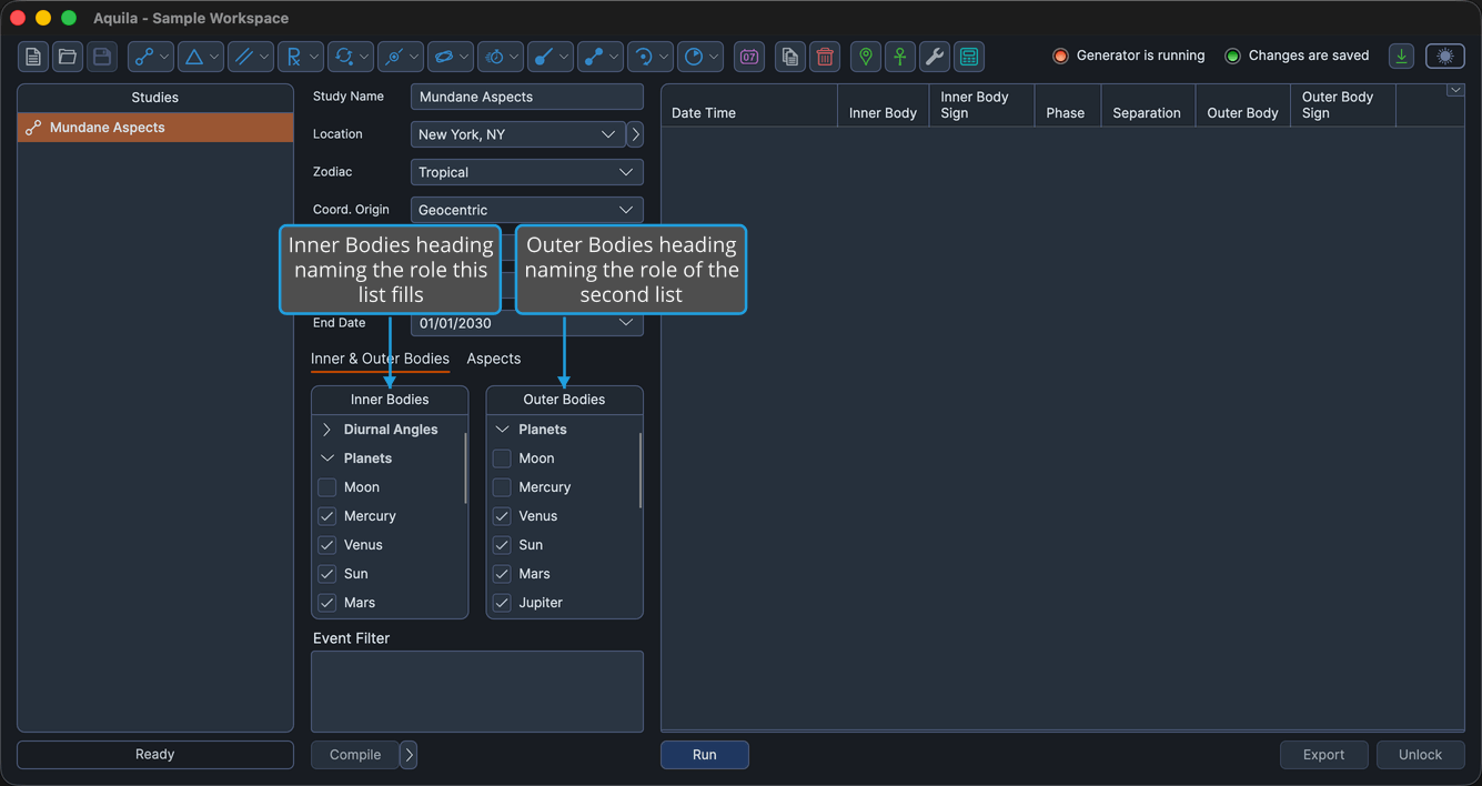 An unlocked Mundane Aspects study, which hosts two instances of the list side by side.