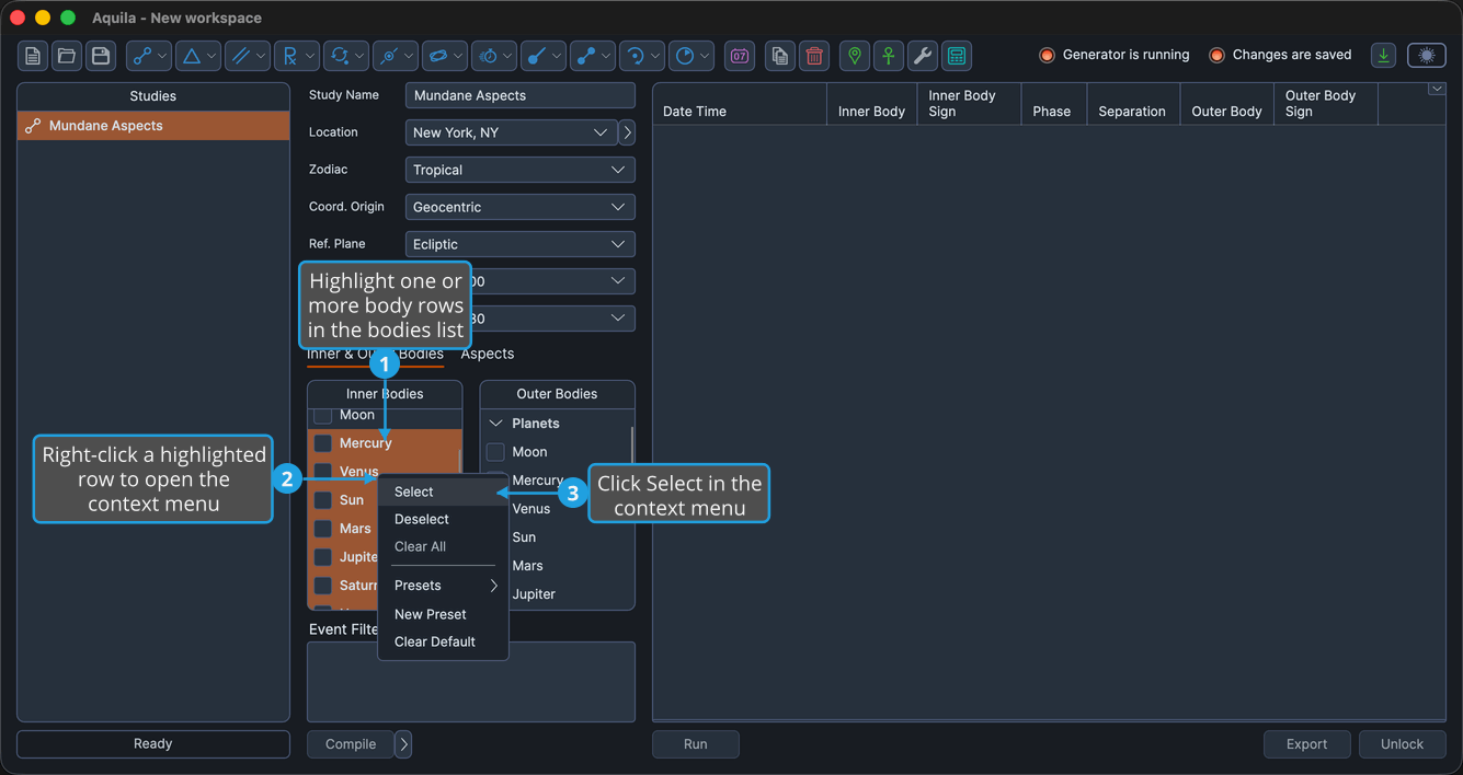 An unlocked study with the Planets group expanded, Mercury through Neptune highlighted as one contiguous range and the context menu open from a right-click on the Venus row.