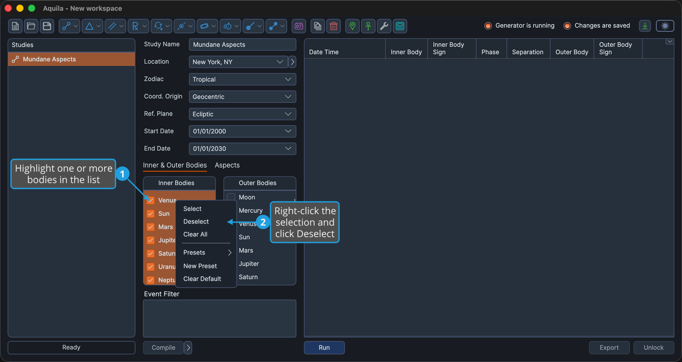 The bodies list with a contiguous range of rows highlighted and the right-click context menu open.