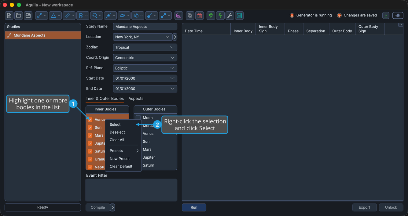 The bodies list with a contiguous range of rows highlighted and the right-click context menu open.