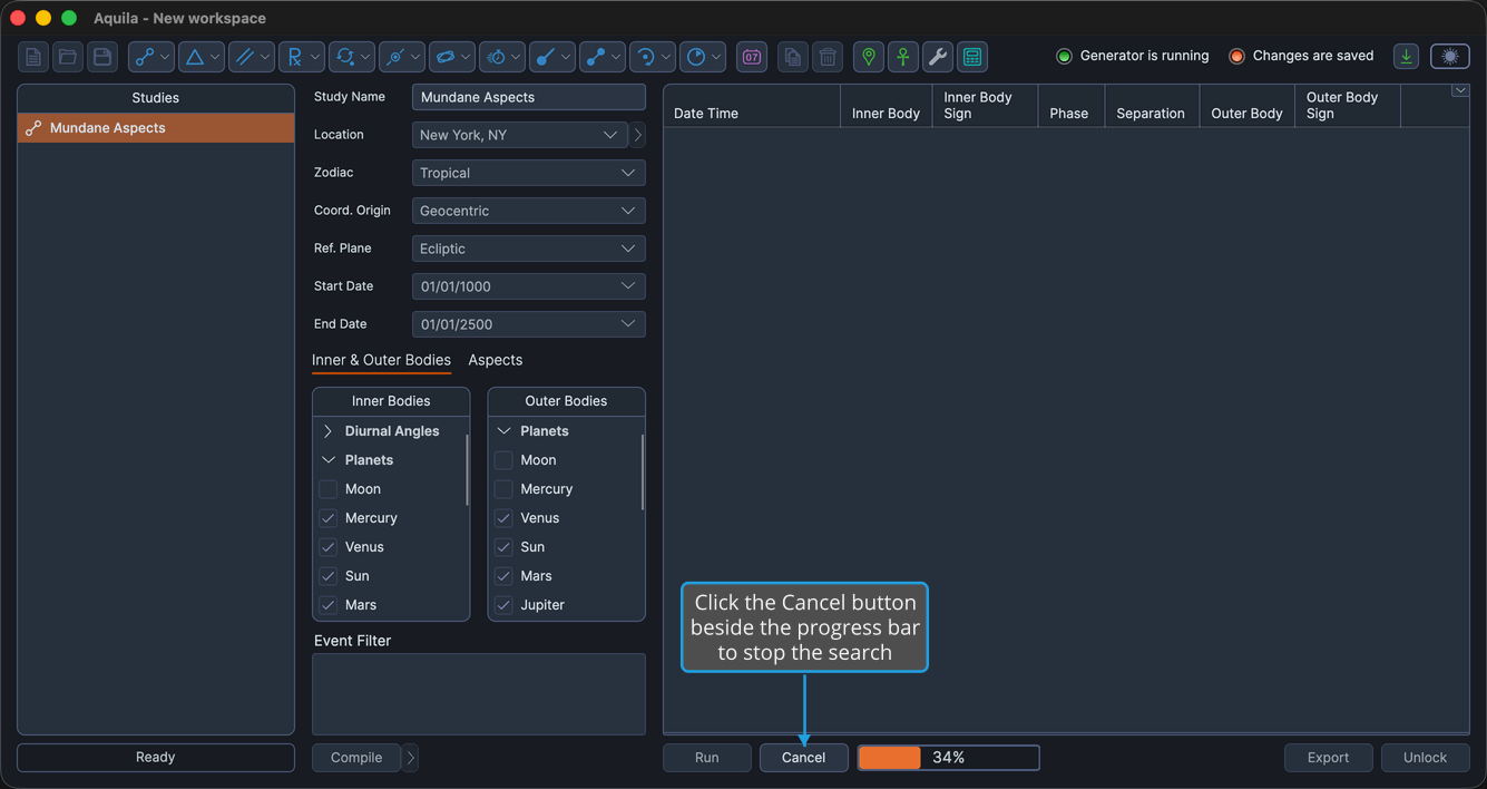 A study generating, with the Cancel button highlighted.