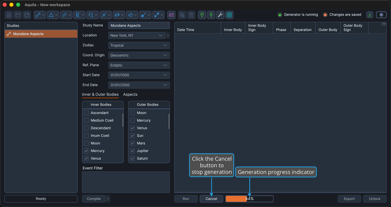 A study while it is generating events over a long date range, with the Cancel button and progress indicator shown.