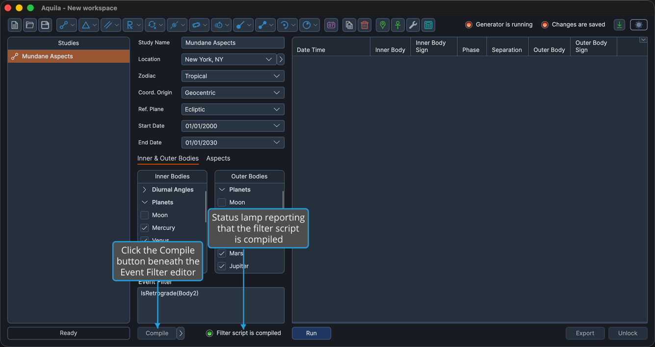 An unlocked study with a filter expression in the Event Filter box and the filter already compiled, so the status lamp beside the button reads compiled.