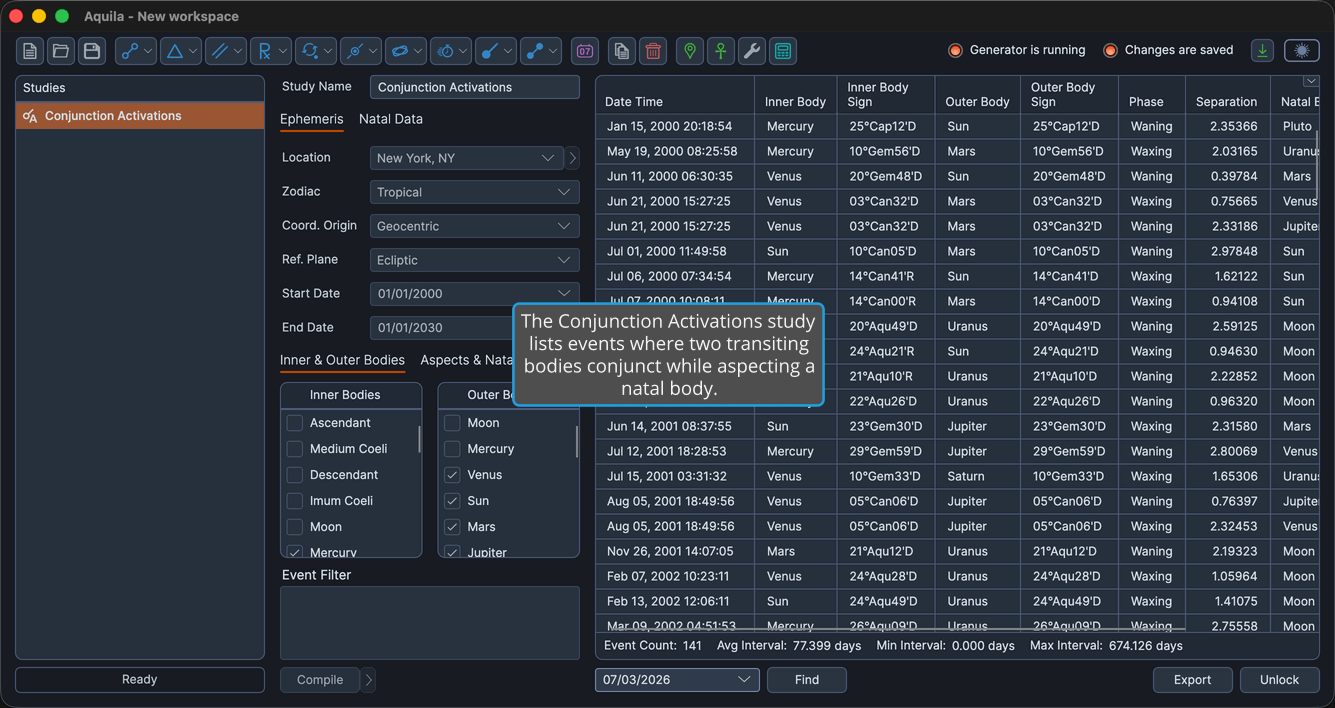 A Conjunction Activations study with events generated and the events table populated.