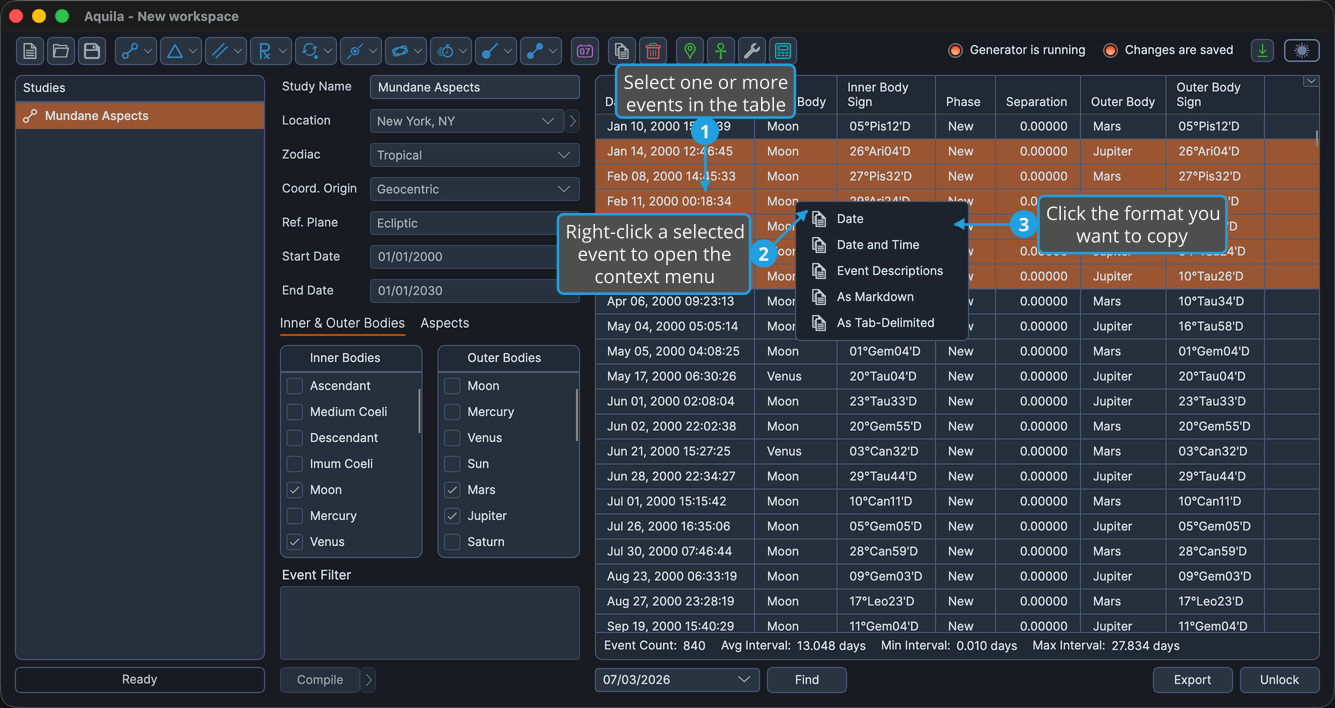 A populated events table with several rows selected and the right-click context menu open.