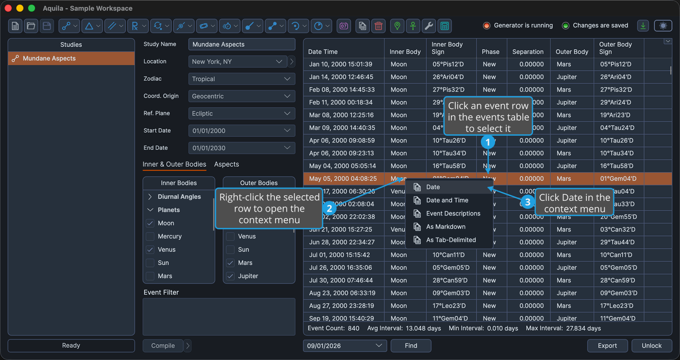 A locked study with a single event row selected, with Date highlighted.