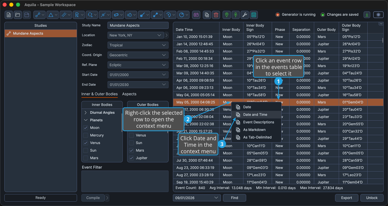 A locked study with a single event row selected, with Date and Time highlighted.