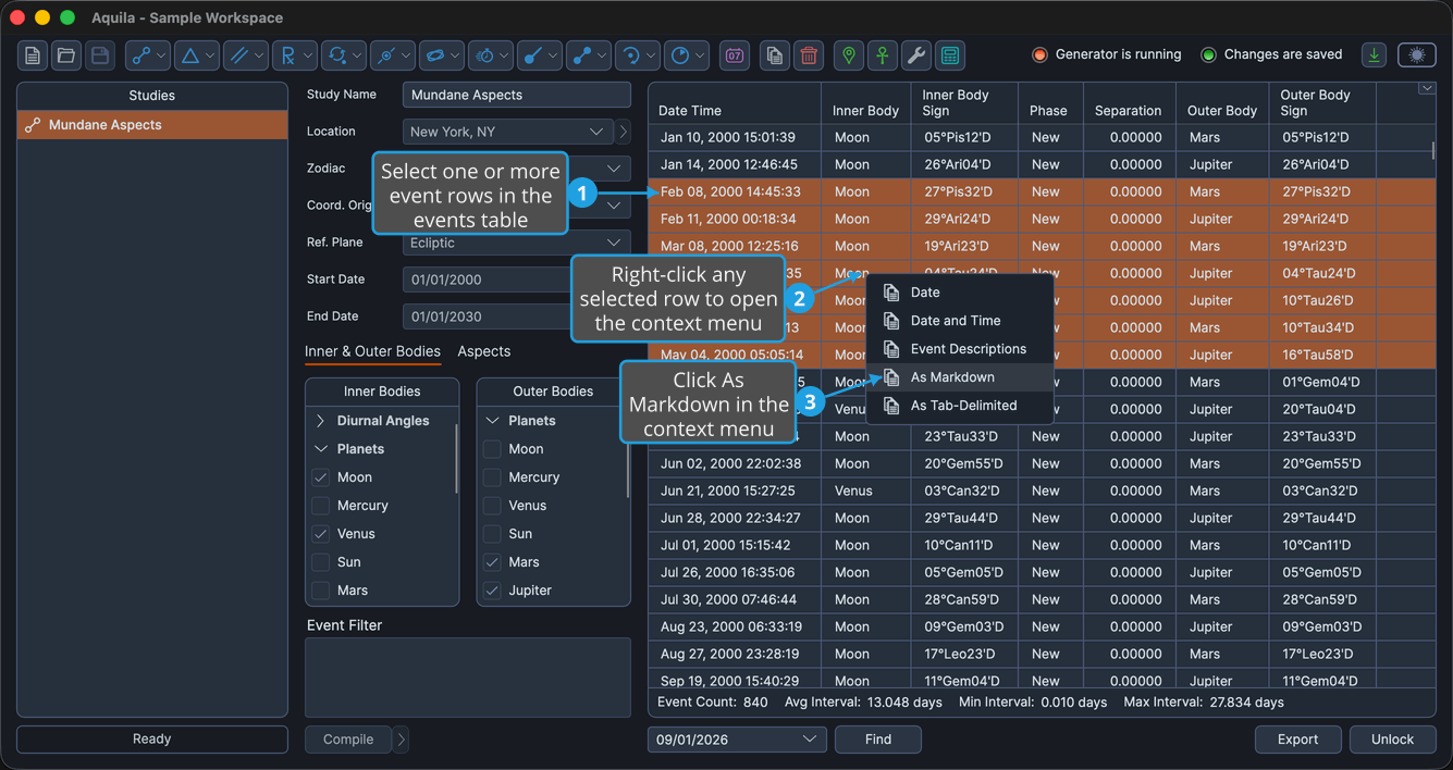 A locked study with a contiguous block of event rows selected, with As Markdown highlighted.