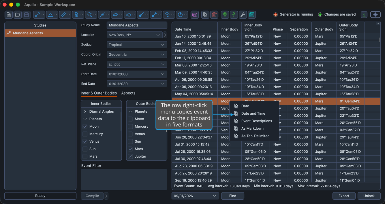 A locked study whose events table is populated, with a row right-clicked one column to the right of the Date Time column so the copy menu is open.