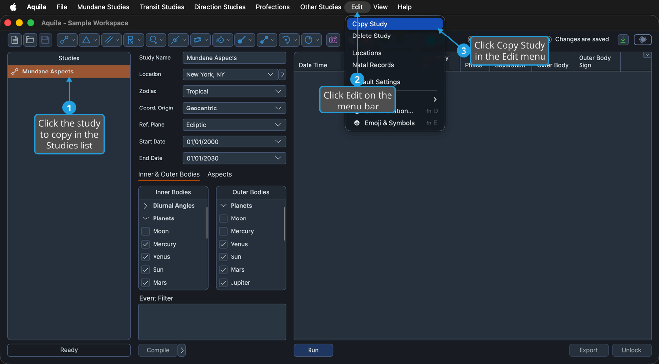 A generator study selected in the Studies list and the Edit menu dropped open in the macOS menu bar so Copy Study is enabled.