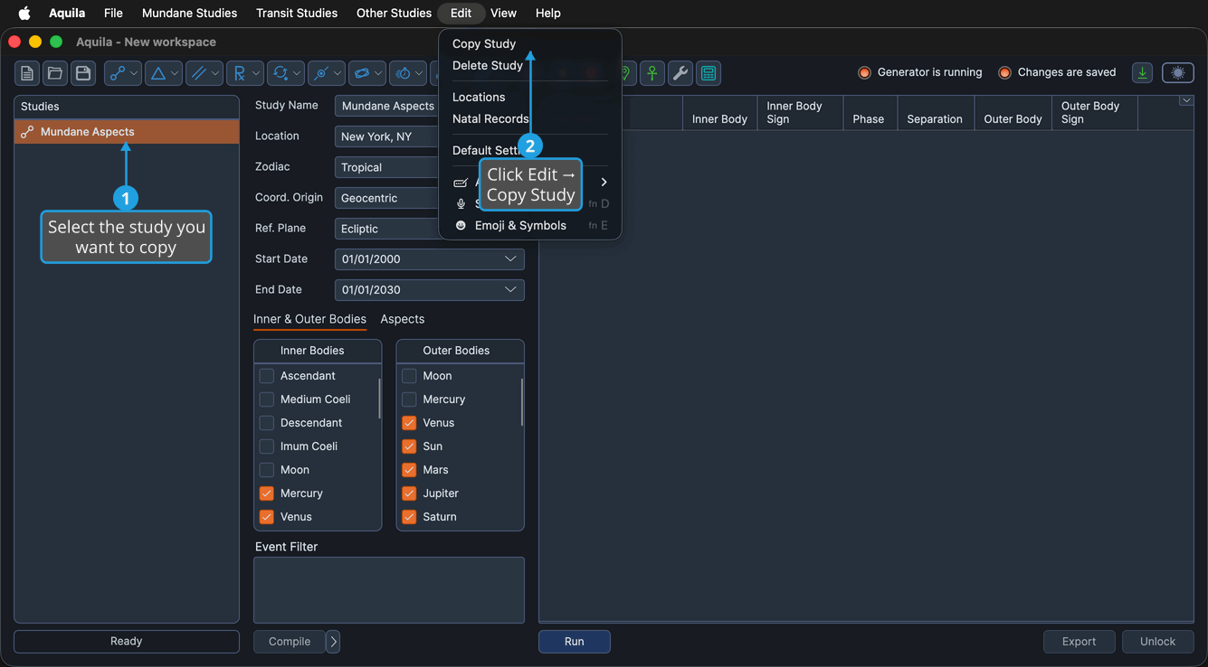 A workspace with a study selected in the Studies list and the Edit menu open.