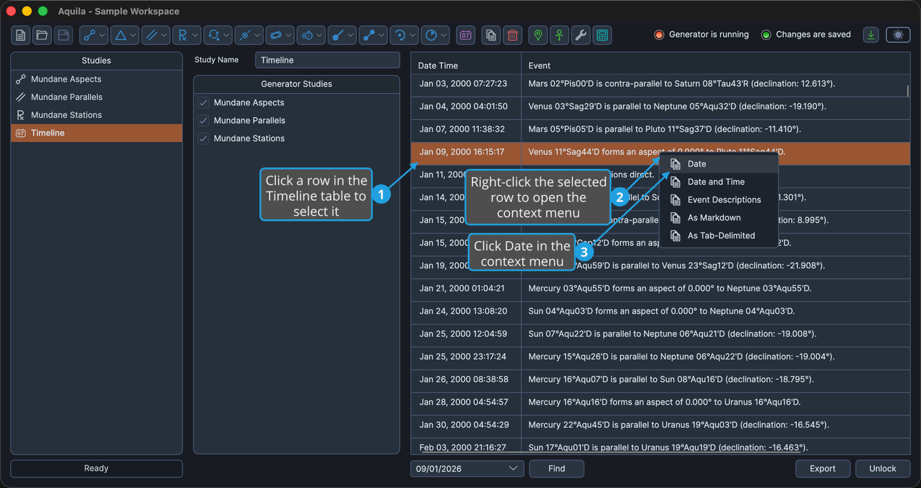 A loaded Timeline study with a single row selected and right-clicked on the Event column, with Date highlighted.